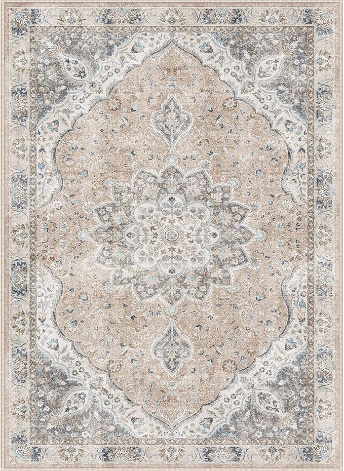 Washable Rug 8x10 Area Rugs for Living Room - Stain Resistant Non-Slip Backing Rugs for Bedroom - Vintage Large Area Rug (Peach/Gray, 8'x10')