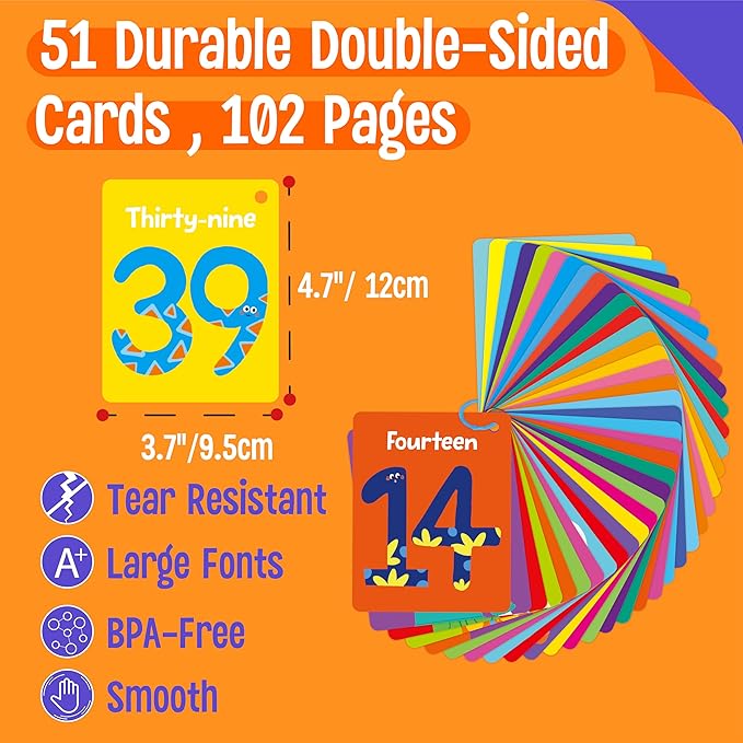 51 PCS Number Flashcards, 0-50 Double Sided Printed Cards with 2 Reclosable Rings, Learn Numbers, Learn to Count-Fun Learning and Educational Flashcards Learning Tool for Kids, Preschoolers, Toddlers