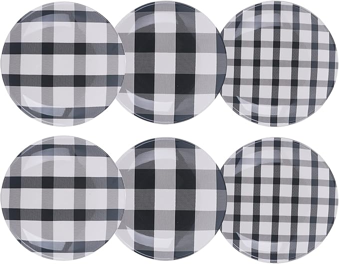 Bico Plaid Check Black and White Appetizer Plates Set of 6, 6 Inch Small Ceramic Dessert Plates for Snacks, Salad, Tablescape, Microwave and Dishwasher Safe, Gift for Housewarming and Thanksgiving
