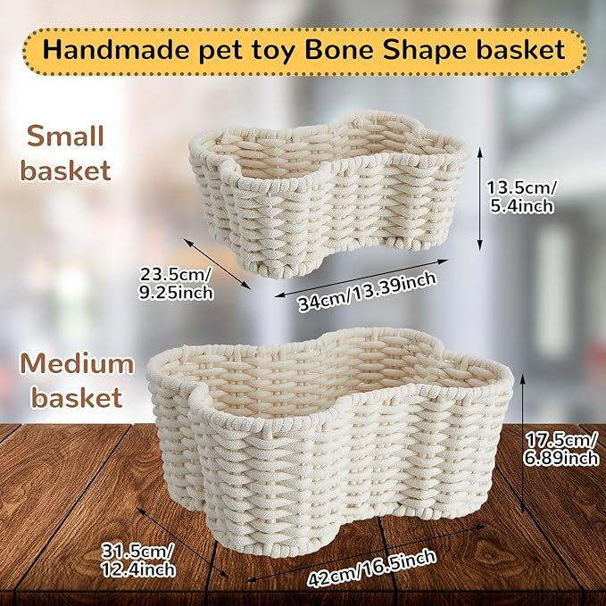 Barydat 2 Pcs Dog Toy Basket Dog Toy Bin Bone Shaped Handmade Pet Organizer for Pet White Cotton Rope Basket (16.5 x 12.4 x 6.89 and 13.39 x 9.25 x 5.4)