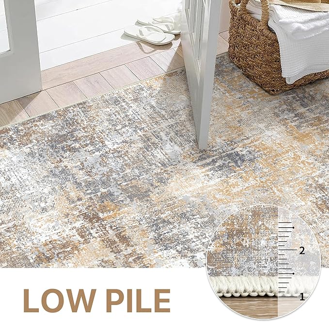 Bavni 8x10 Area Rugs Machine Washable Rug for Living Room, Modern Printed Rug Indoor Soft Area Rug for Bedroom Dining Room, Ultra-Thin Low Pile Carpet with Non Slip Rubber Backing, Ocher Gray