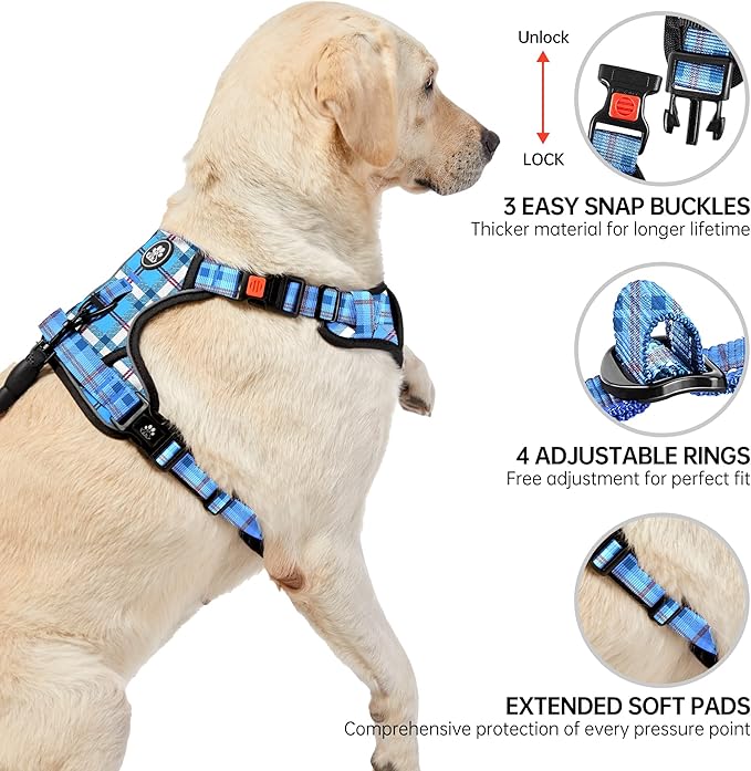 NESTROAD No Pull Dog Harness with Leash, Reflective No Choke Pet Vest Harness,Adjustable Soft Padded Dog Harness with Easy Control Handle for Large Dogs(Checkered Blue,Large)