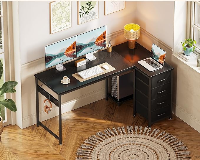Casaottima L Shaped Desk with 4 Drawers, 47" Corner Computer Desk with Storage, Reversible Kids Study Table with CPU Stand & Hook, Work Table for Home Office, Black