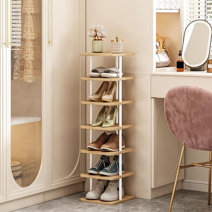 SORCEDAS 7 Tiers Vertical Shoe Rack Wooden Shoe Storage Organizer for Space Saving Narrow Shoe Shelf Storage 7 Pairs for Entryway Living Room Bedroom(White+Oak)