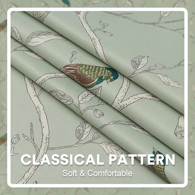 H.VERSAILTEX Blackout Curtains for Bedroom 96 Inches Length Thermal Insulated Birds Rustic Printed Curtain Drapes for Living Room Energy Efficient Room Darkening Home Decoration Pair 2 Panels, Sage