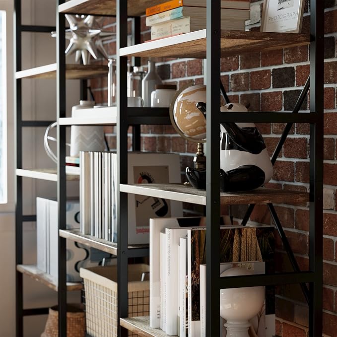 IRONCK Bookshelves 6 Tiers Triple Wide Industrial Bookshelf, Large Etagere Bookshelf Open Display Shelves with Metal Frame for Living Room Bedroom Home Office