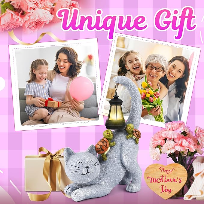 Solar Garden Decor Cat Figurine-Cat Outdoor Statue with Solar Lantern, Loving Turtle Garden Decor for Outside Patio,Porch,Yard, Backyard-Unique Housewarming Gifts for Mom Grandma Women