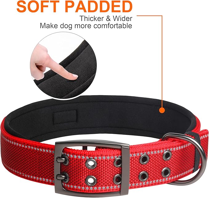 Fida Heavy Duty Dog Collar 1.5” Width, Ultra Soft Neoprene Padded, Adjustable Reflective Nylon Pet Collar with Two Metal Pin Belt Buckle for Large/X-Large Breeds (XL, Red)