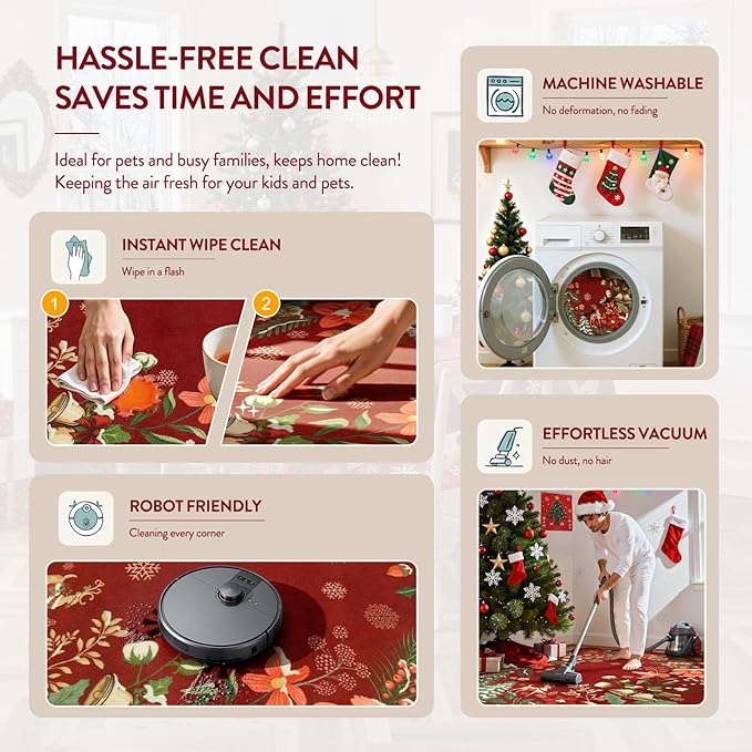 Lahome Floral Christmas Rug, 2x3 Kitchen Christmas Rugs for Entryway Ultra-Thin Washable Christmas Rugs Indoor, Red Door Mat Indoor Entrance Holiday Carpet for Entry Bedroom, Red