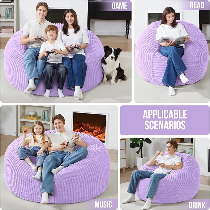 Homguava 3 FT Bean Bag Chair,3' Big Bean Bag,Large Bean Bag Chairs for Adults with Memory Foam Filled,Comfy Beanbag Chairs Soft Bean Bag Sofa with Dutch Corded Plush Cover-Purple