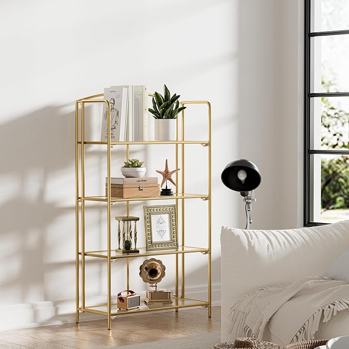 Crofy No Assembly Folding Bookshelf for Living Room, 4 Tier Gold Collapsible Book Shelf for Home Office, Portable Bookcase Storage Organizer