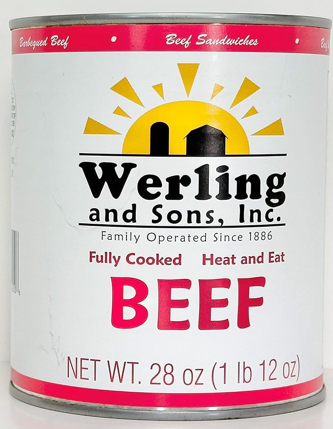 Werling Meats Canned Beef 28 Oz Fully Cooked, Heat & Eat | Shelf Stable Canned Meat for Pantry Staples, Everyday Meals, Camping, Hiking, Emergency & Survival | 5-Year Shelf Life | Made in USA | 12 Pack
