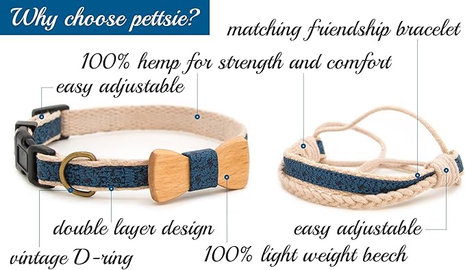 Pettsie Adjustable Dog Bow Tie Collar with Matching Owner Friendship Bracelet – Stylish & Durable Pet Accessory, Soft Hemp & Cotton, Secure D-Ring, Gift-Ready Set, XS, Blue