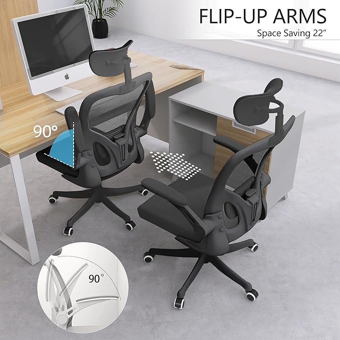 Ergonomic Office Chair, High-Back Mesh Computer Desk Chair with Adjustable Height, Lumbar Support, Flip-Up Armrests,headrest，and Swivel Rolling Design for Home and Office Use