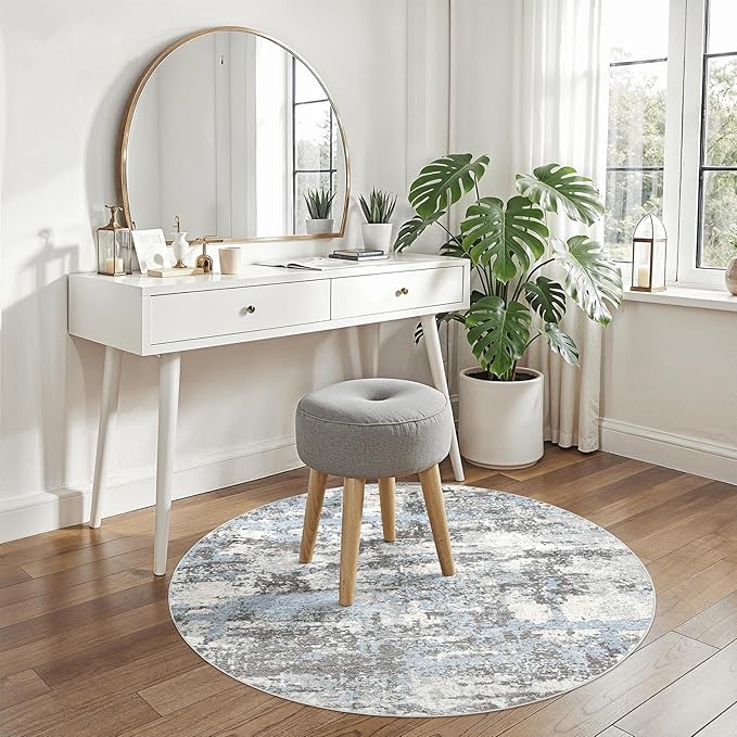 4ft Round Area Rugs for Living Room: 4x4 Abstract Washable Rug Modern Large Soft Stain Resistant Non-Slip Backing Machine Table for Bedroom Dining Room Indoor Home Office Carpet - Blue Grey