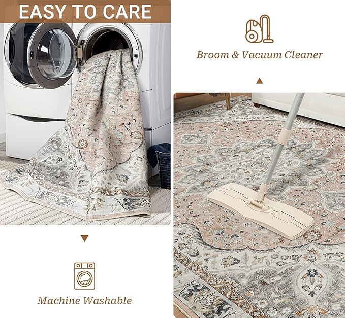 5x7 Area Rugs for Living Room,Stain Resistant Washable Rug,Non-Slip Backing Rugs for Bedroom,Kitchen,Printed Vintage Home Decor Rug (Peach/Gray, 5'x7')
