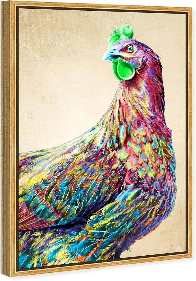 Country Farmhouse Canvas Print Painting Animal Wall Art 'Fun Colorful Glam Rooster' Gold Framed Canvas Rustic Home Décor 36x54 in Pink, Green by Oliver Gal
