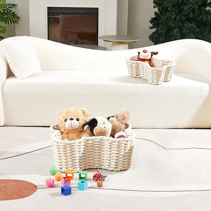 Barydat 2 Pcs Dog Toy Basket Dog Toy Bin Bone Shaped Handmade Pet Organizer for Pet White Cotton Rope Basket (16.5 x 12.4 x 6.89 and 13.39 x 9.25 x 5.4)