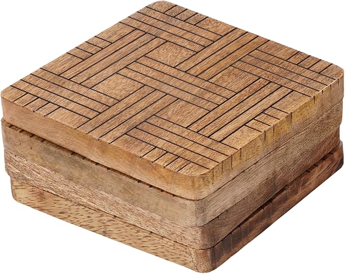 Set of 4 Wood Coasters - Natural Mango Wooden Coasters for Drinks, Beverages, Wine Glasses & Bar Glasses - Rustic & Durable Drink Coasters - Coaster Set for Home, Kitchen, Dining, Bar Decor