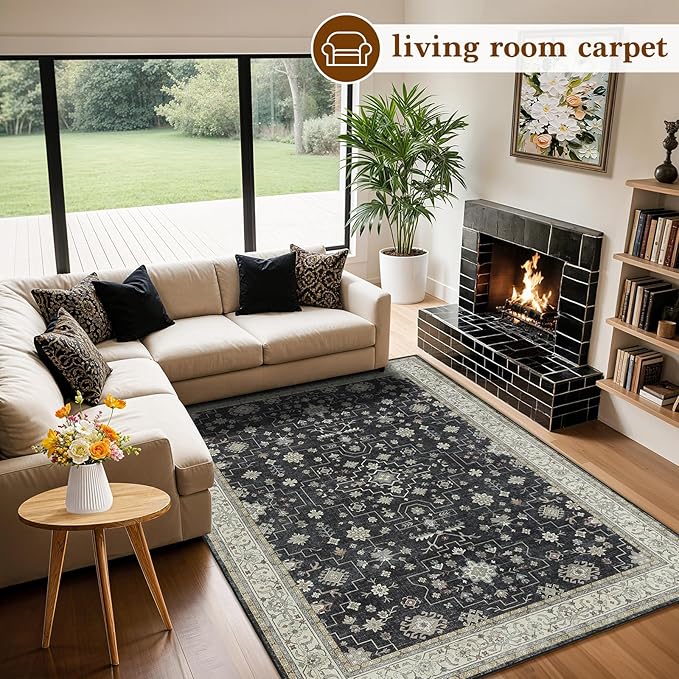 LBRO2M Black Washable Rugs 5X7 for Living Room Bedroom Vintage Non Slip Rugs Easy Clean, Low Piles Stain Resistant Carpet Distressed Area Rug Great for Pets and Family (5'X7' Charcoal Black)