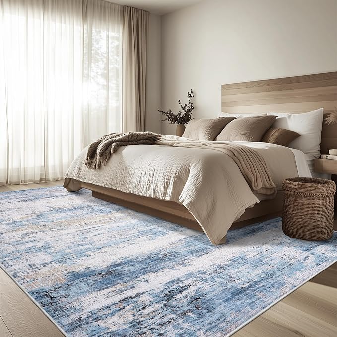 6x9 Area Rug Living Room Rugs - Washable Rug Large Modern Abstract Soft Thin Carpets Indoor Floor No Slip Vintage Carpet for Bedroom Under Dining Table Nursery Home Office Decor Blue