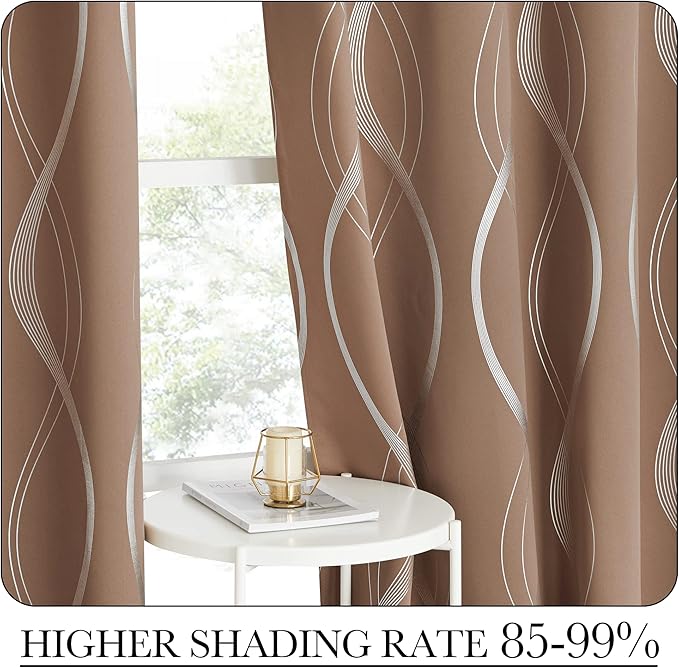 NICETOWN Extra Long Blackout Curtains for Large Window, Foil Printed Wave Lines Energy Saving Thermal Insulated Draperies for Kids Nursery Boys Bedroom (Cappuccino, 1 Pair, 52 inches by 108 inches)
