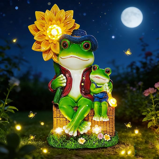 Outdoor Frog Garden Decor: 9'' Yard Decoration with Sunflower Light Funny Solar Frog Gifts for Women Mother's Day Housewarming Gift