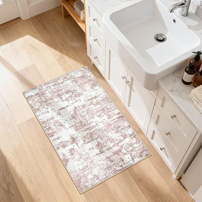 Washable Area Rugs: 2x3 Abstract Modern Soft Stain Resistant Non-Slip Backing for Living Room Entryway Bedroom Nursery - Pink