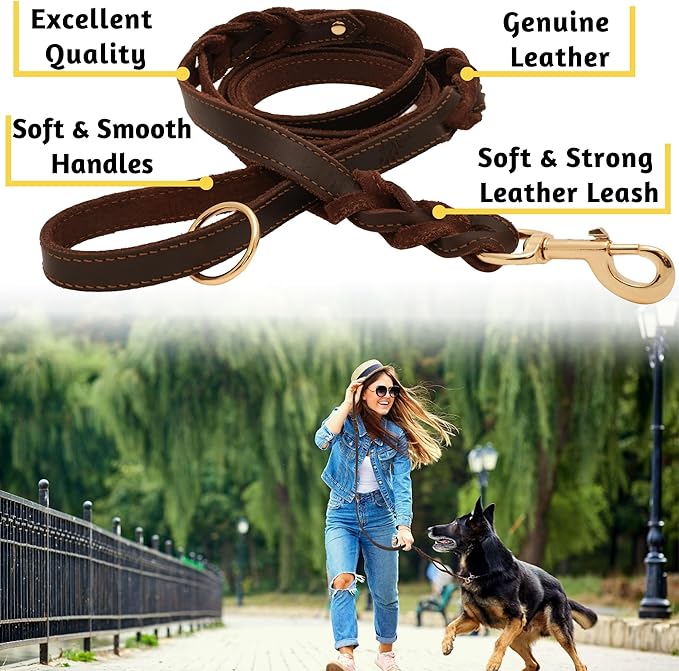 ADITYNA - Double Handle Leather Dog Leash 6ft - Heavy Duty Braided Dog Leash with Traffic Handle - Lead for Training and Walking Medium Large Breeds (Brown, Two Handles 6 Foot x 5/8")