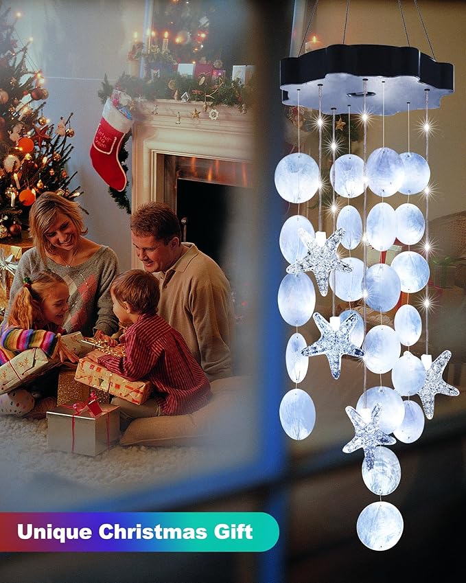 Toodour Solar Wind Chimes for Outside, Shells Light Gifts for Mom Grandma Women Wife Girls, Waterproof Solar Outdoor Decorative Mobile Light for Holiday Garden Porch Yard Window Outdoor Decor (White)