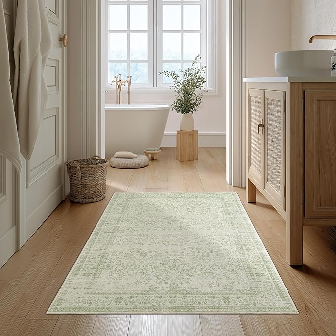 Sage Green 2x3 Boho Rugs for Kitchen Bathroom Hallway Washbale Non Slip Front Door Rug Indoor Entrance Low Pile Light Green Area Rug for Bed Side Bedroom Floor Laundry Room 2 x 3