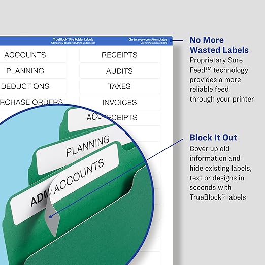 Avery TrueBlock File Folder Labels, 2/3" x 3-7/16", 1,800 Printable Labels, White, Permanent (75366)