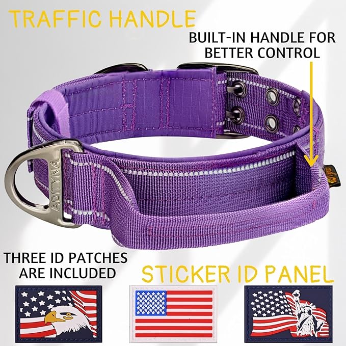 ADITYNA Heavy Duty Dog Collar for Large Dogs - Reflective Purple Collar with Handle for Training, and Walking - Wide, Thick, Tactical, Soft Neoprene Padded