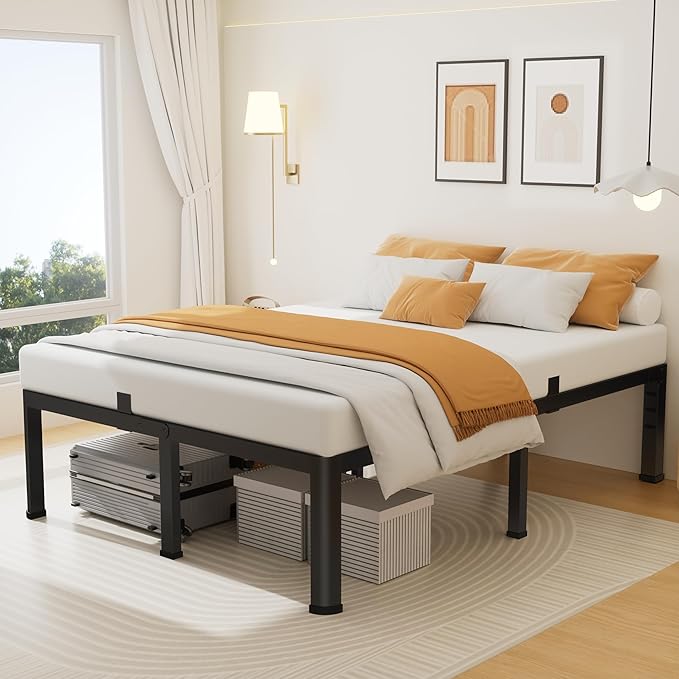 18 Inch Full Size Metal Platform Bed Frame with Round Corners, Storage Space Under High Bed Frame-Heavy Duty Steel Slats Support, Noise Free - Easy Assembly - No Box Spring Needed