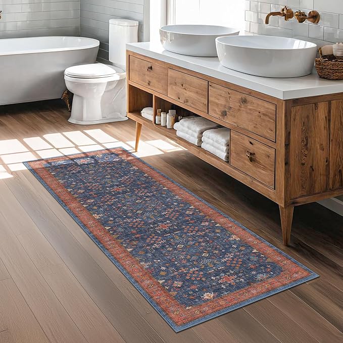 Navy Blue Runner Rug 2x7 for Kitchen, Hallway, Mudroom, Laundry Room, Bathroom, Washable Non Slip Non Skid Rubber Backing Low Pile Stain Resistance