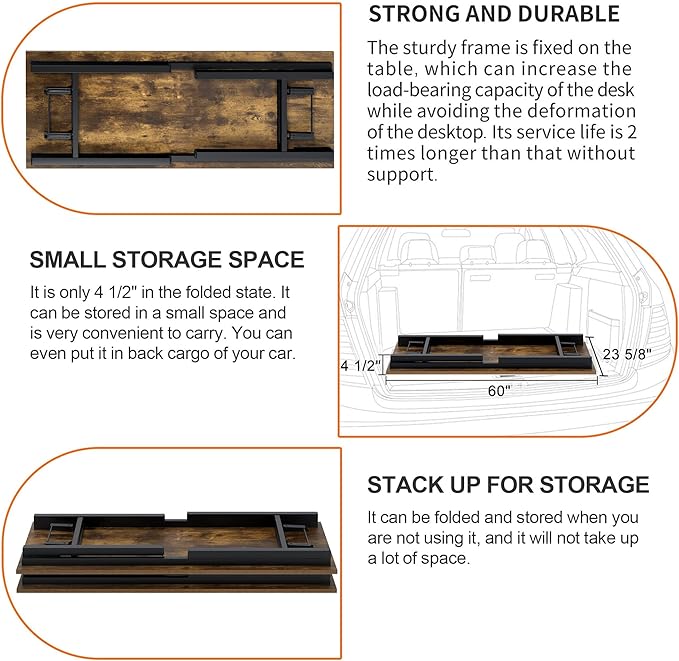 Need Home Office Desk Large Computer Desk 60 inch Sturdy Table Foldable Desk Gaming Computer Table No Assembly Required, Rustic Brown&Black Frame AC5FB(152.4 * 60)