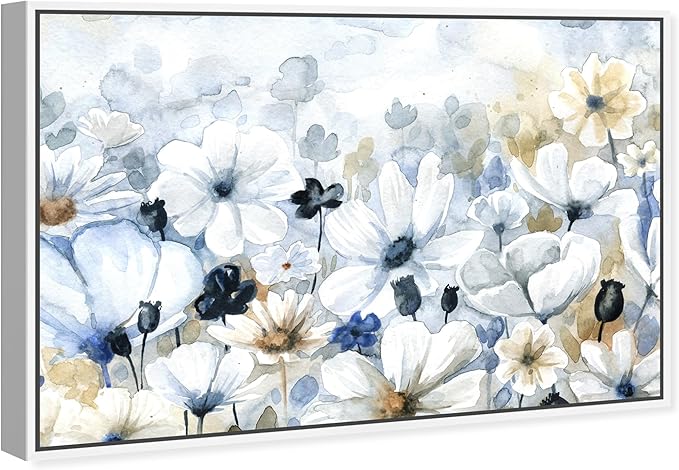 The Oliver Gal Artist Co. Floral and Botanical Wall Art Framed Canvas Prints 'Fields Flowers Home Décor, 36" x 24", Blue, White
