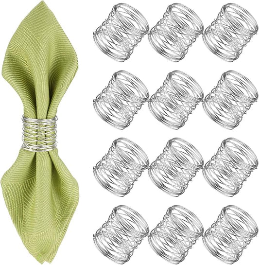 12 Pieces Napkin Rings Holders Handmade Round Mesh Heavy Duty Metal Napkin Rings Holder for Dinner Decoration Dining Table Parties Wedding Christmas(Silver)