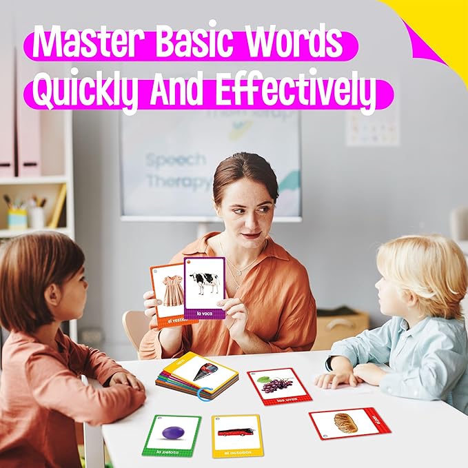 60 English Spanish Flash Cards, Double-Sided Nouns Cards Bilingual Sight Words - Animals, Colors, Food, Vehicles Cards, Language Vocabulary Learning Tool for Beginners 5+ with 2 Reclosable Rings