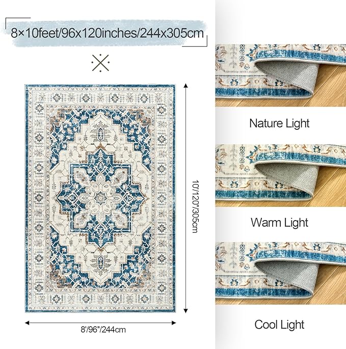 8x10 Area Rug for Living Rooms, Stain Resistant Neutral Washable Rugs for Dining Rooms, Floral Vintage Non-Slip Thin Large Size Area Rugs(Blue)