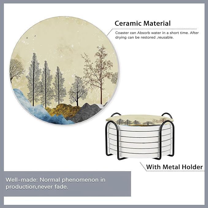 6 Pcs Coasters for Drinks with Holder,Brown Trees with Golden Gray Mountains Landscape Absorbent Coaster with Cork Backing,Great Gift for Housewarming,Room Decor,Bar,Holiday Party