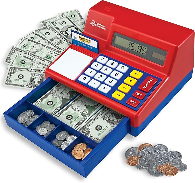 Learning Resources Pretend & Play Calculator Cash Register Toy - Gift for Kids, Toddler Toys, Play Money & Credit Card, Shopping Store Playset, Educational Preschool Activities