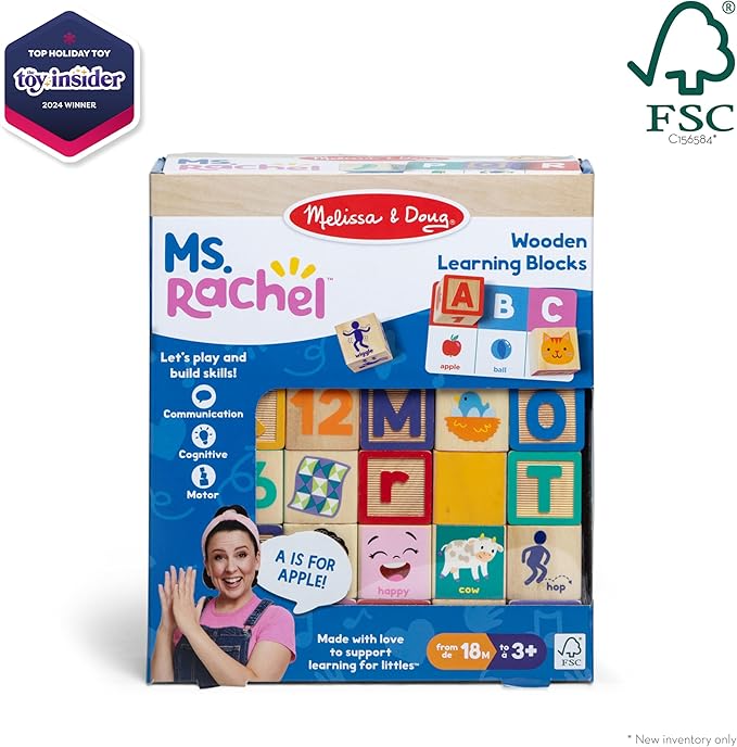 Ms. Rachel Melissa & Doug Letter, Number, and Game Wooden Learning Blocks with Activity Cards for Girls and Boys Toddlers Ages 18 Months+ - FSC Certified
