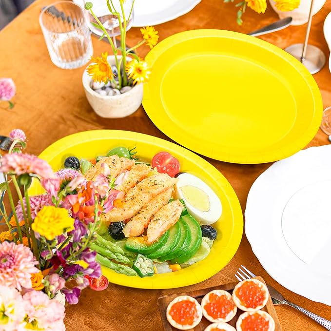 50 Pcs Party Decorations, 12.2'' X 10.2'' Oval Large Paper Plates, Yellow Disposable Paper Plates, Heavy Duty Paper Plates for Birthday Party Wedding Picnic Baby Shower Barbecue Holiday Daily Use