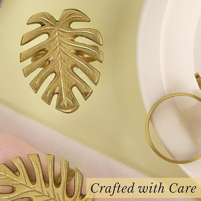 Napkin Rings Set of 12 Metal Napkin Holder Cuffs for Dinner Table Décor Monstera Leaf Farmhouse Modern Serviette Rings for Weddings, Parties, Receptions, Daily Use (Antique Gold) - ALPHA Living HOME