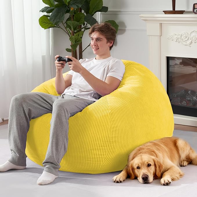 Homguava 4FT Bean Bag Chair for Adults,Teardrop Bean Bags Big Beanbag Chair with Memory Foam Filled and Ultra Soft Removable Corduroy Cover for Living Room, Bedroom (Yellow)