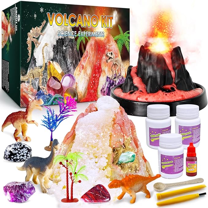UNGLINGA Erupting Volcano Science Kit for Kids, Gemstone Donosaur Dig Volcano, Snow Eruption Volcano, Chemistry Experiment Lab Toys Gift for Boys & Girls