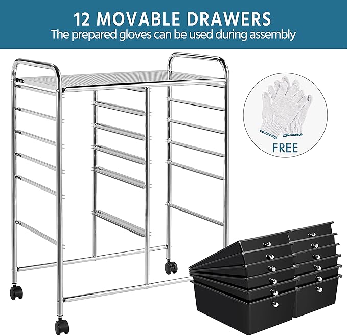 Yaheetech 12 Drawers Rolling Storage Cart Multipurpose Movable Organizer Cart Storage Bin Trolley Tools Scrapbook Paper Organizer on Wheels, Black