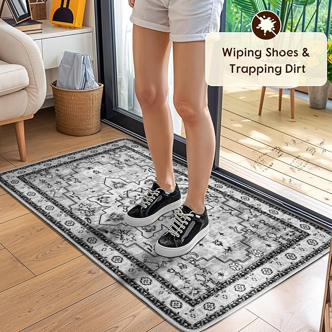 LBRO2M Boho Rug for Entryway Indoor Washable Rugs 3X5 Front Door Carpet Gray Non Slip Throw Rug, Small Rug for Bathroom Kitchen Rugs Pet Friendly Area Rugs Low Piles (3'X5' Light Gray)