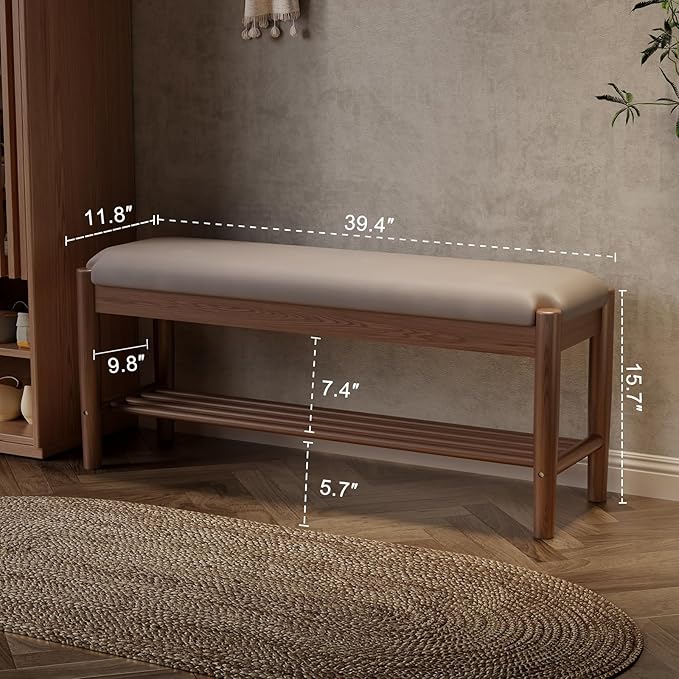 Shoe Bench Entryway with Cushion, Solid Wood Bench with Shoe Storage, 2-Tier Shoe Rack Bench for Entryway,Hallway (Gray)